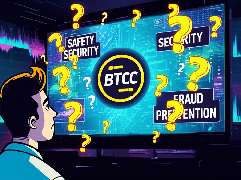 使用者面對BTCC交易所安全疑問的插圖，畫面中顯示困惑的表情與圍繞問號的BTCC標誌，探討安全性、資安防護與詐騙預防