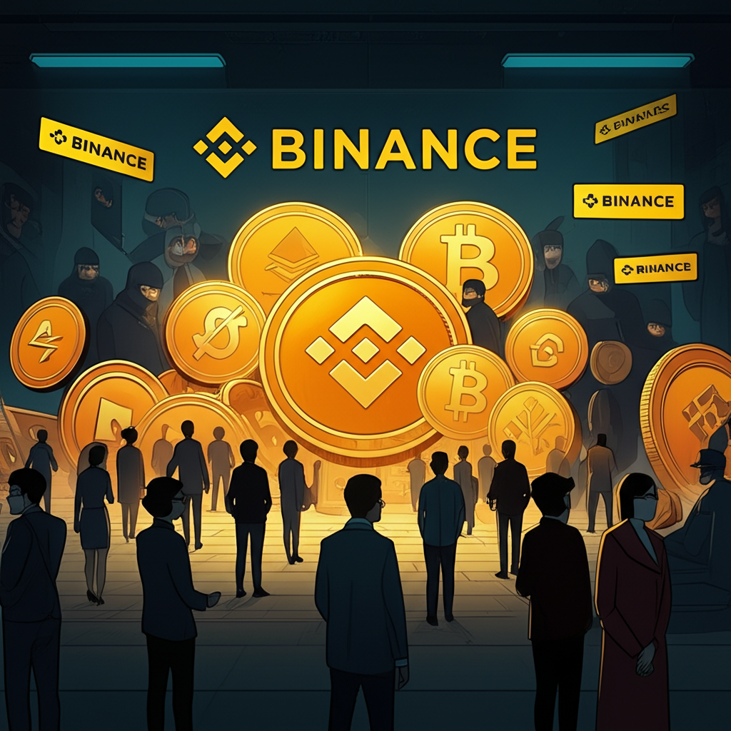 illustration of a large thriving cryptocurrency market with many investors attracted to Binance but shadowy figures lurking in the background trying to mimic Binance branding to deceive users