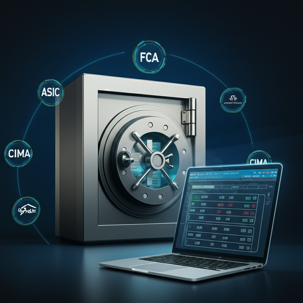 ASIC、CIMA、FCA 等監管機構標誌環繞著象徵客戶資金隔離的保險庫與透明帳本