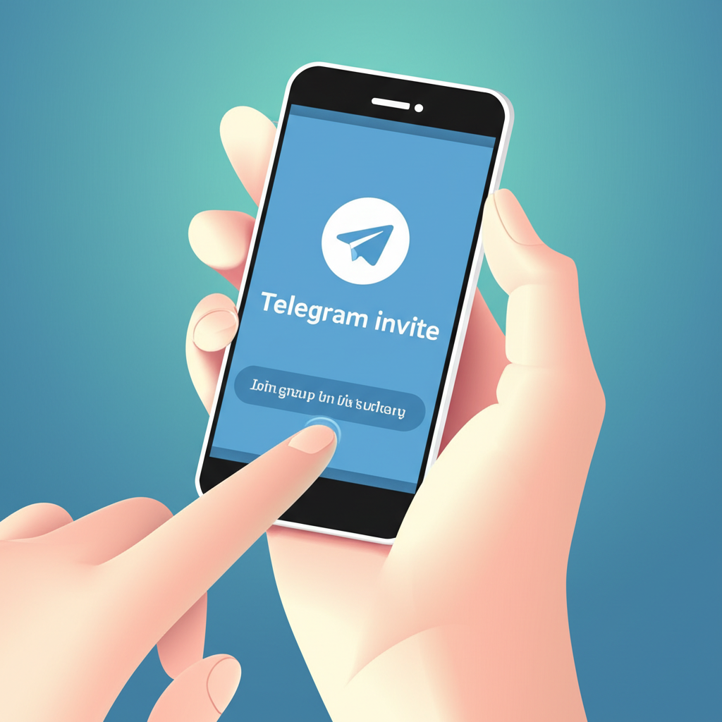 Illustration of a hand holding a smartphone with a prominent Telegram invite link on the screen ready to be clicked symbolizing the direct and common method of joining groups