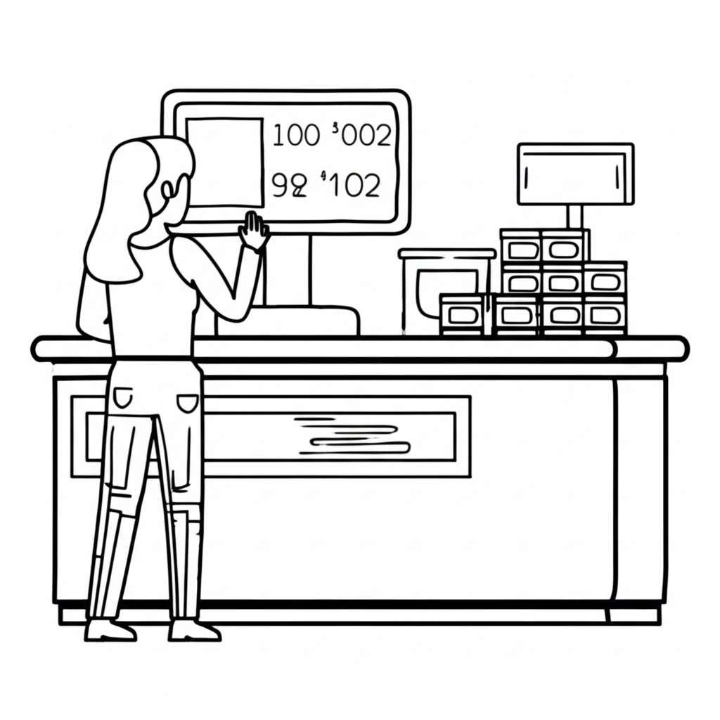 插圖描繪一個人在超市結帳時發現商品價格從100元變為102元或98元，呈現交易中價格變動的實際情境