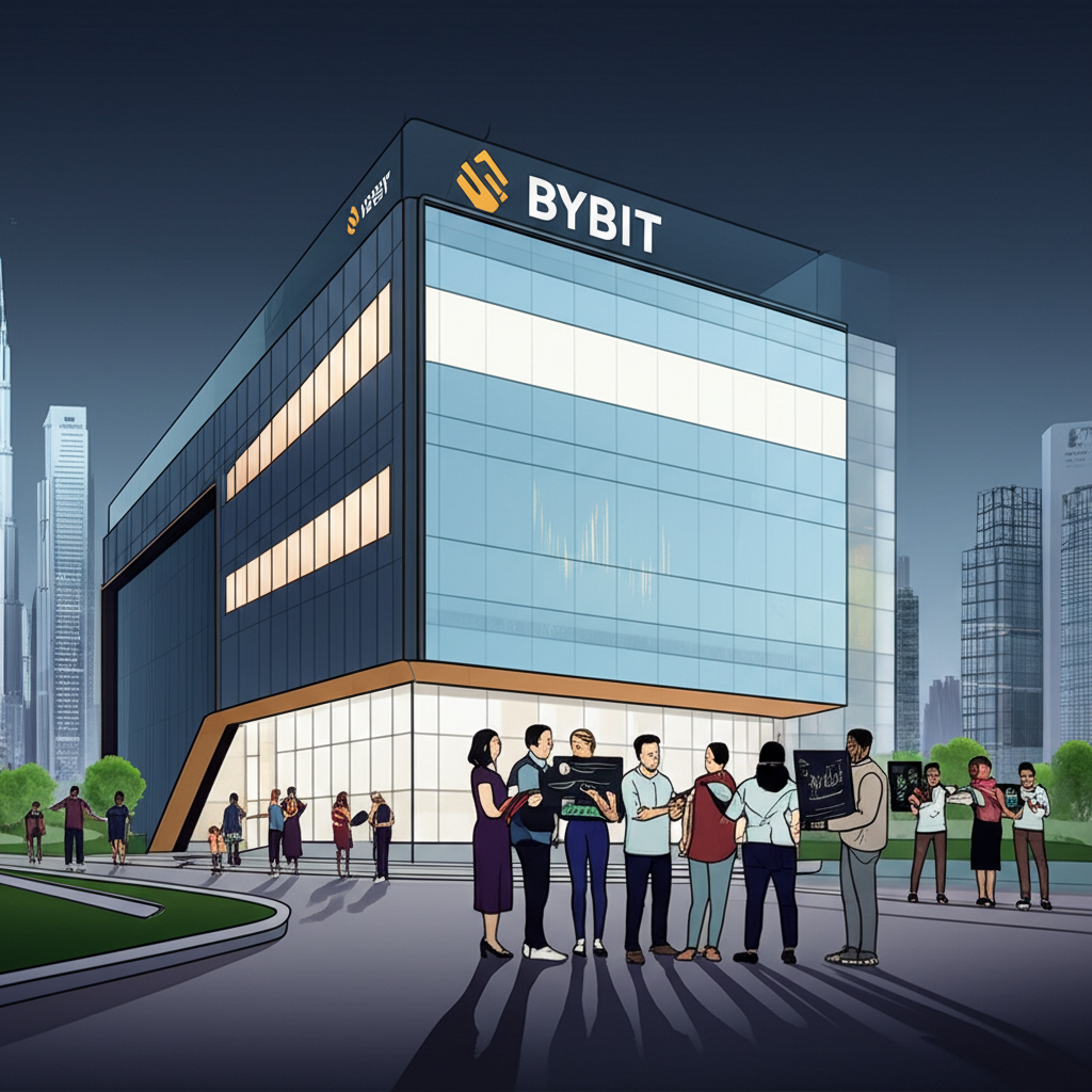 Bybit modern headquarters in Dubai with branding and diverse global users trading crypto