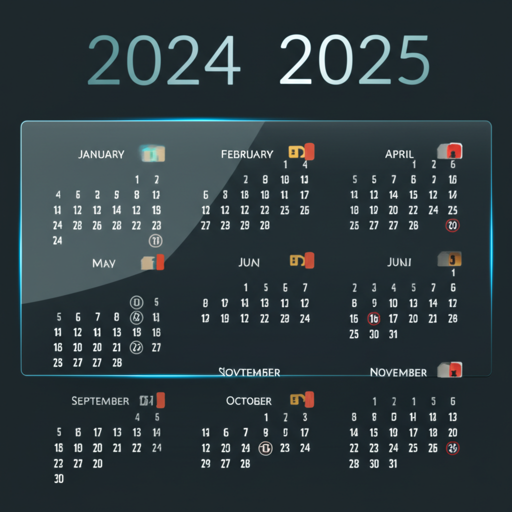 2024與2025年美股休市日曆示意圖，標示完整與半日休市日期