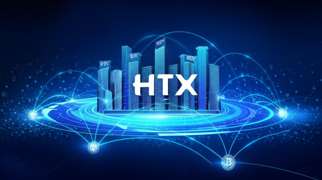 An illustration depicting HTX a global cryptocurrency exchange with Web3 and blockchain integration showing its international operational centers and active global business operations dispelling rumors of closure