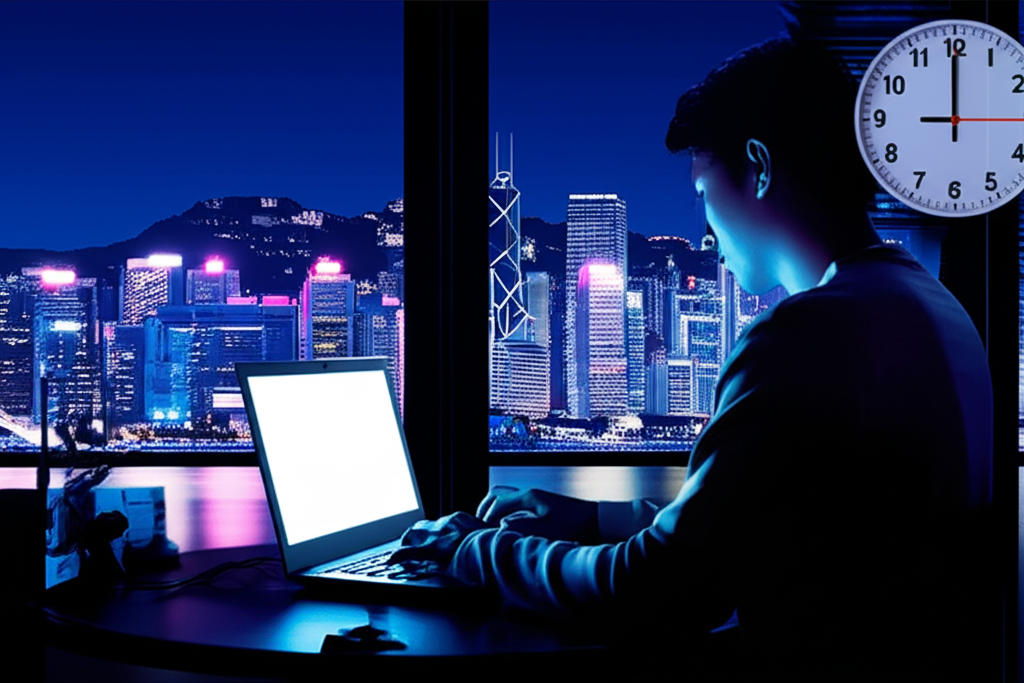 深夜中模糊人影在筆電上交易，背景為香港天際線與顯示非正規時段的時鐘，象徵不受監管的差價合約交易