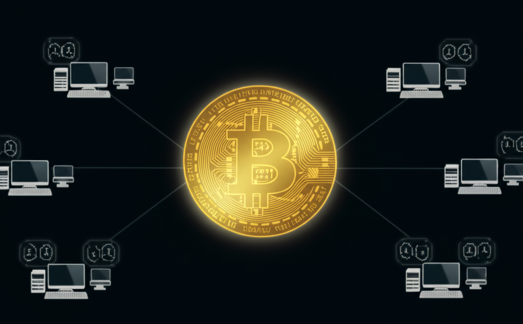 比特幣去中心化數位貨幣的發光金幣與透明區塊鏈帳本連結全球電腦的插圖,象徵安全與有限供應