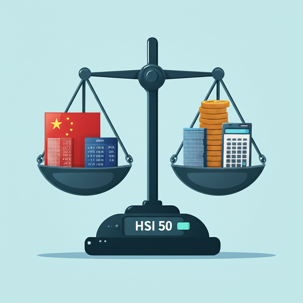 複雜金融演算法計算Hsi 50指數，各公司市值與成交量在數位天平上衡量，反映產業代表性插畫