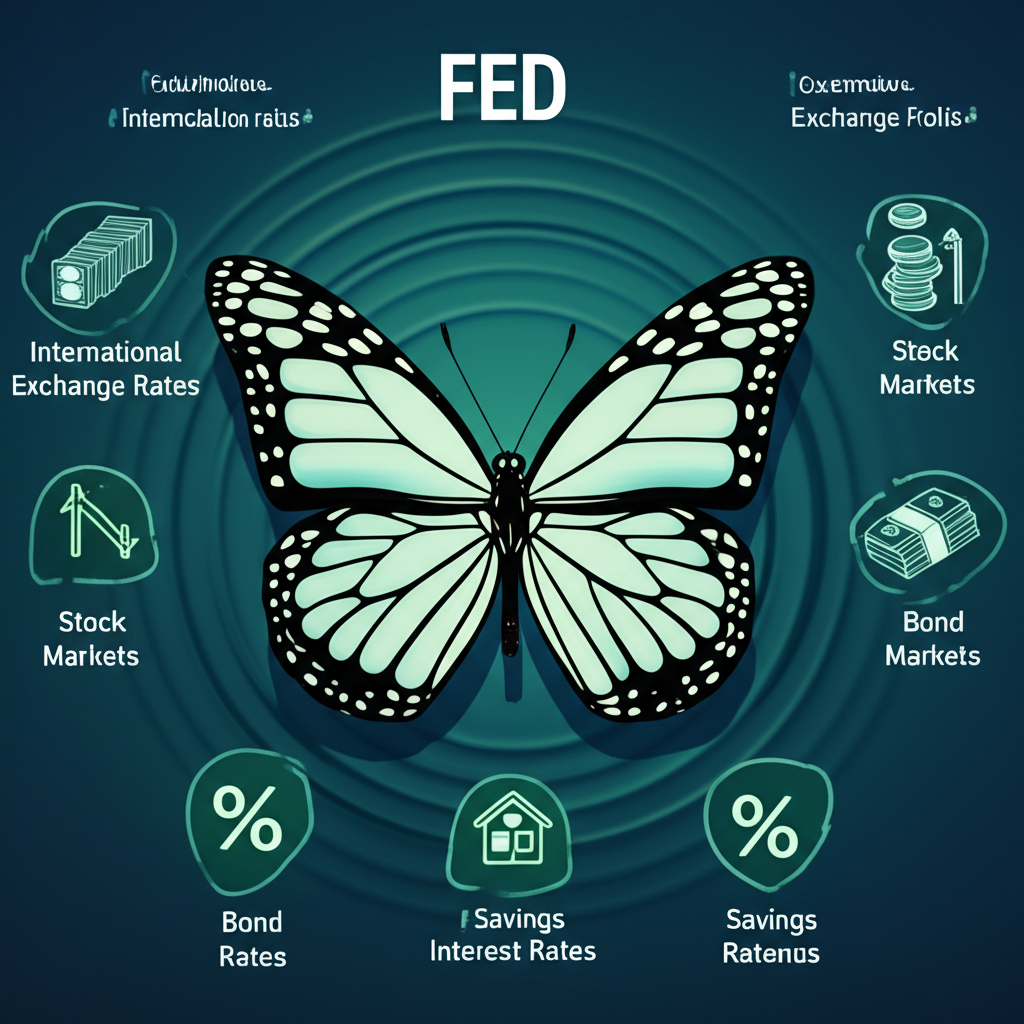 聯邦準備系統Fed如蝴蝶般影響全球金融市場,漣漪觸及國際匯率、股市、債市、房貸利率及儲蓄利息的插圖