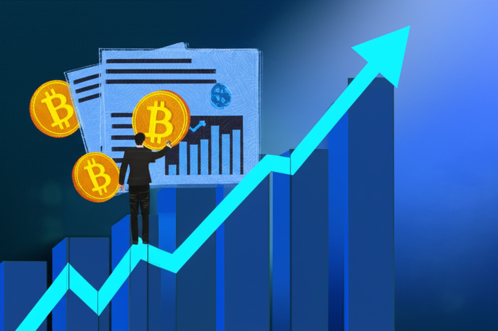 插圖展示一個人站在巨大的金融圖表上，手持股票、虛擬貨幣與期貨等資產，象徵掌握倉位是交易與風險管理的核心