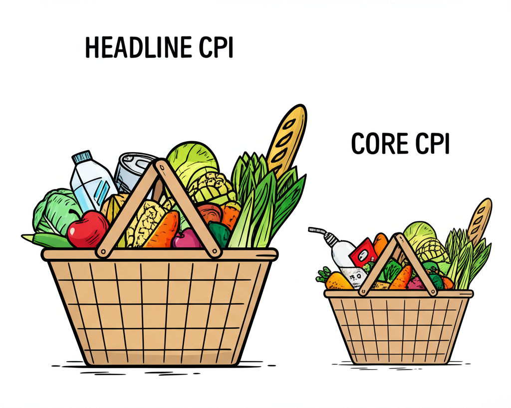 兩個商品籃的比較插圖，一個大籃子代表整體CPI，突出食物和能源物品；另一個小籃子代表核心CPI，移除食物和能源，強調穩定性和長期趨勢，清晰風格呈現