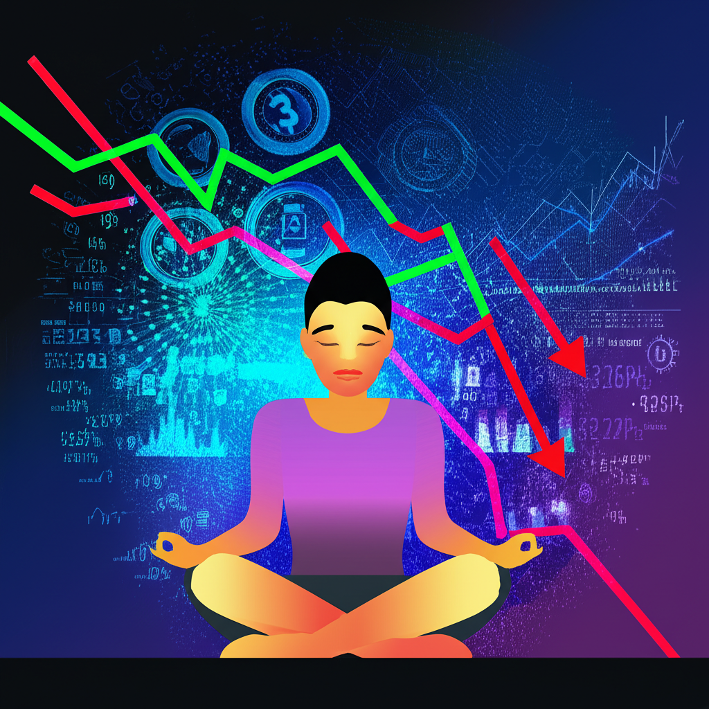 插圖描繪一個人冥想放空的狀態與股市下跌趨勢圖並列，象徵放空的雙重意義