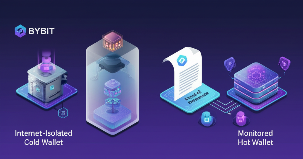 Bybit 資產保護插圖,展示網路隔離的冷錢包與受監控的熱錢包分離,以及可見的儲備證明文件