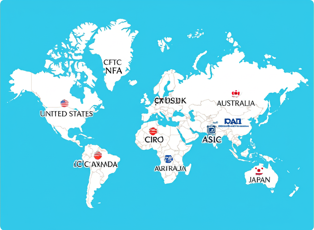 World map highlighting US, UK, Canada, Australia, Japan with regulatory logos like CFTC, NFA, FCA, CIRO, ASIC, FSA showing OANDA's global compliance