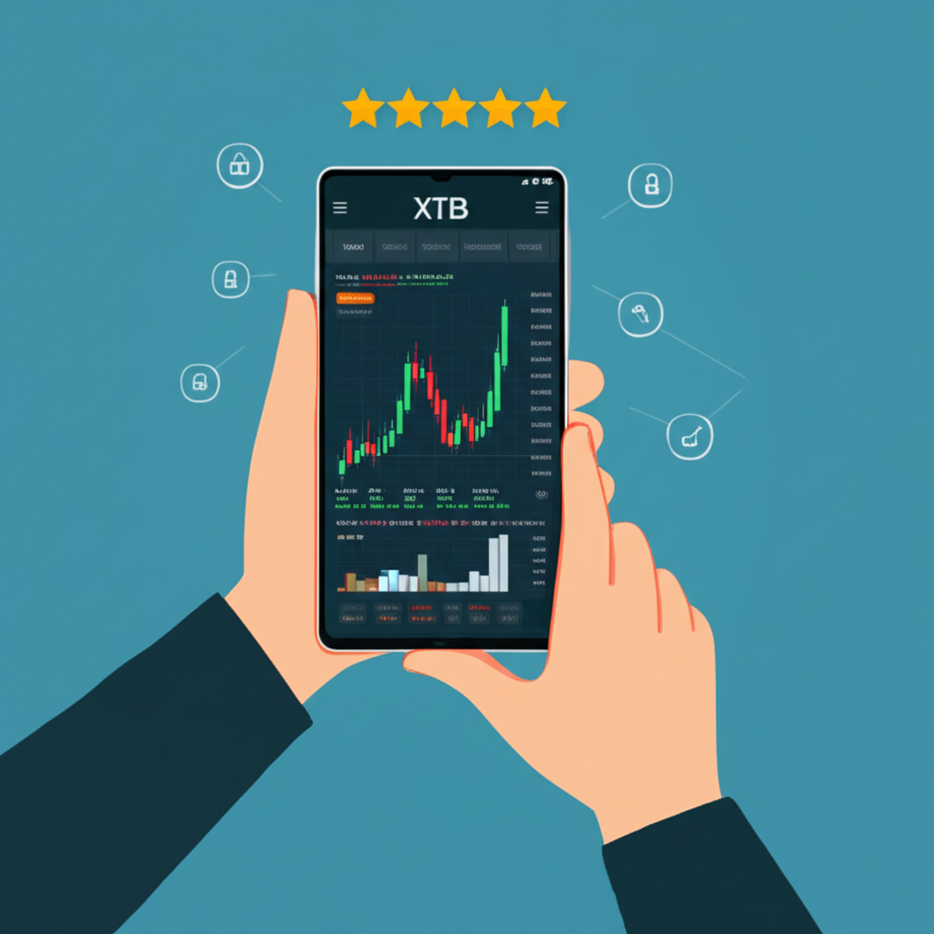 一位使用者自信使用 XTB 手機 App 交易的插圖，顯示乾淨直觀介面、即時報價、圖表和訂單管理工具，周圍有安全加密符號，並浮現正面用戶評價星級