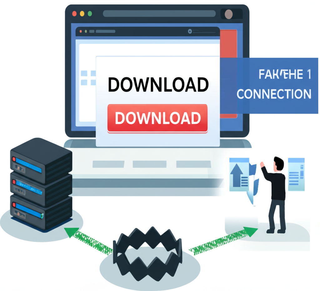 An illustration showing a deceptive website mimicking a legitimate MT5 broker site with a fake download button and a fraudulent server connection leading an unsuspecting investor into a trap illustration style