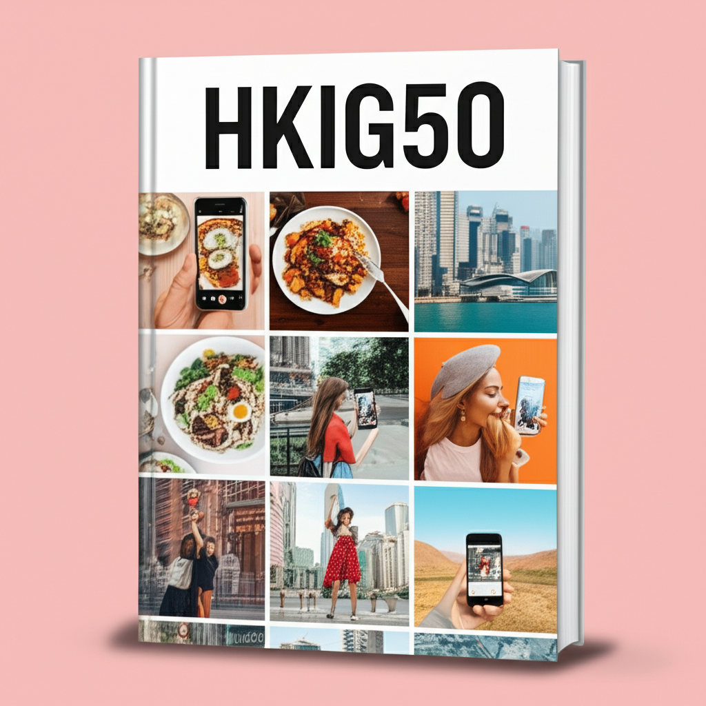 香港Instagram場景插圖,展示美食、時尚、城市景觀與人們使用手機互動,前景有標題為HKIG50的指南書