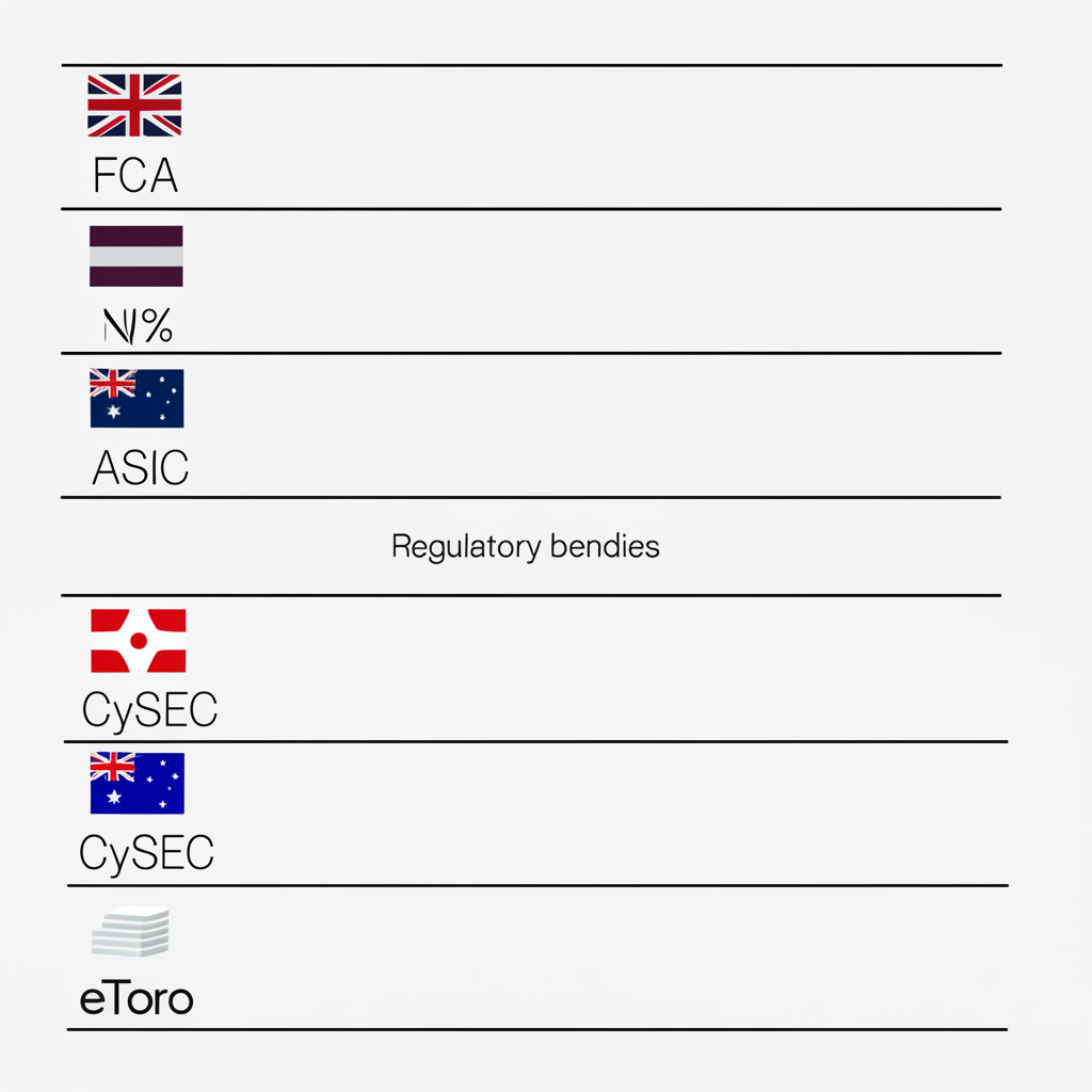 eToro 監管機構表格，包含 FCA、ASIC、CySEC 等，各國旗幟與合規文件，強調投資人保障