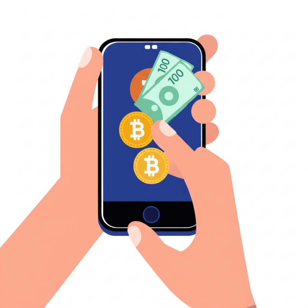 Illustration of a person in Taiwan holding a smartphone with bitcoin symbols and a wallet with new taiwan dollar bills representing the conversion of digital assets to physical cash