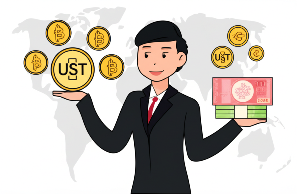 將 USDT 轉換為台幣和港幣的插圖,象徵無縫金融交易與全球地圖背景