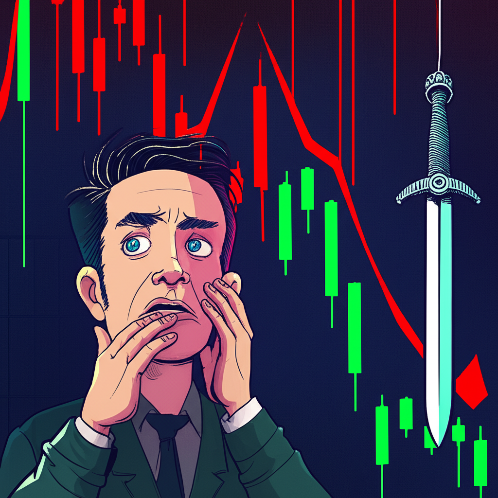 擔憂的交易者看著資金消失，達摩克利斯之劍懸在波動的金融市場上方