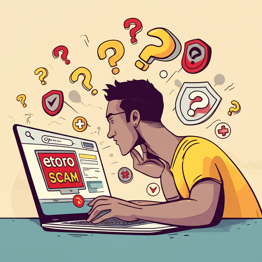 困惑投資者面對 eToro 詐騙搜尋結果的插圖，環繞問號與安全盾牌象徵合法性與防護