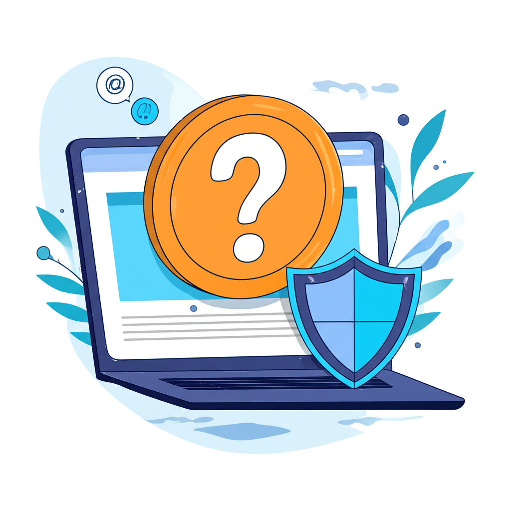 illustration style a person looking at a laptop screen with a question mark about online investment scams and a shield protecting money