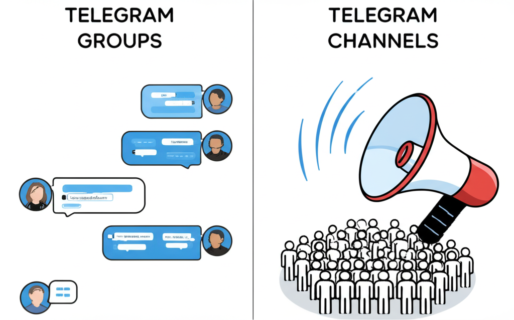 清晰比較圖表,左欄為Telegram群組顯示互動氣泡,右欄為頻道以擴音器廣播資訊給大眾,強調兩者差異