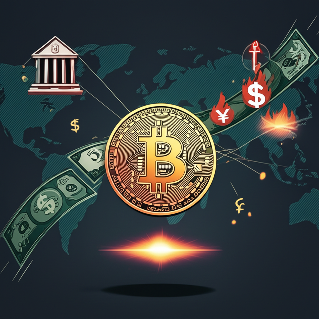 An illustration depicting global economic forces like central banks with money flowing or tightening inflation symbols a strong or weak US dollar and geopolitical maps with conflict zones all impacting a floating Bitcoin coin