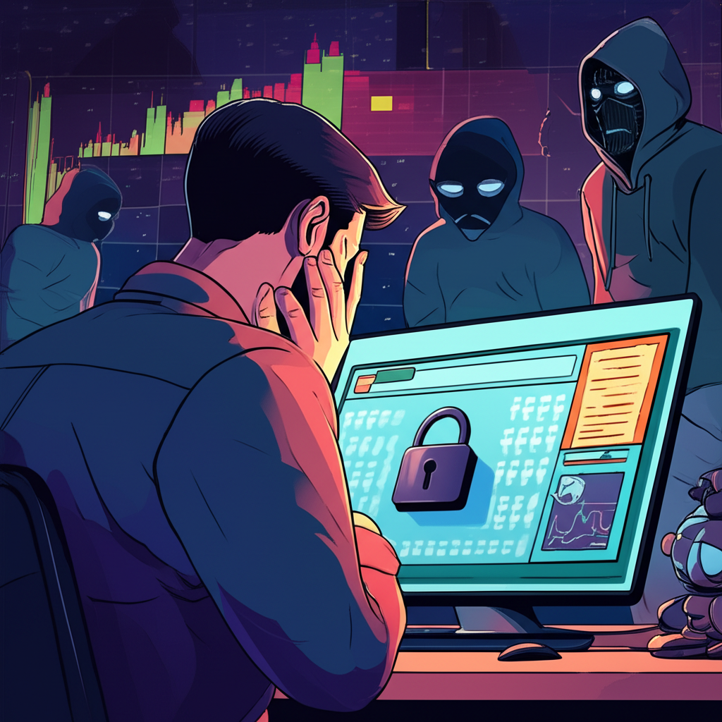 擔憂投資者查看加密交易所介面與詐騙威脅的插圖