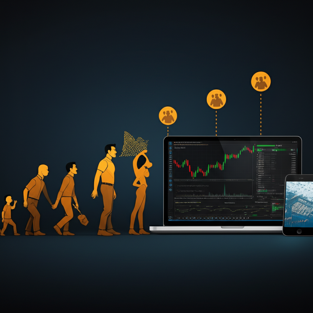 線上交易平台歷史演進時間線,突出 MetaTrader 4 的創新介面與 EA 開發社群