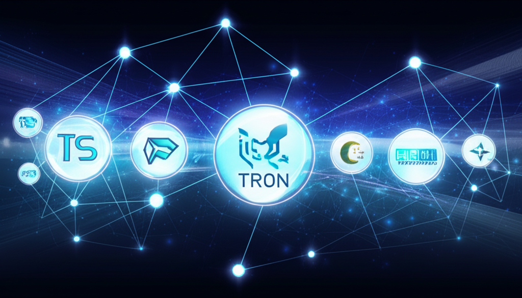TRC20 代幣標準在 TRON 區塊鏈網路上的圖示，展示 dApps、錢包和交易所的互聯，以及快速高效的代幣轉移