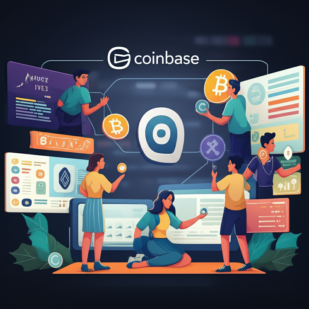 現代安全數位平台插圖，顯示Coinbase商標、多樣化人群與加密貨幣互動、納斯達克上市行情顯示、全球網絡連結個人與機構