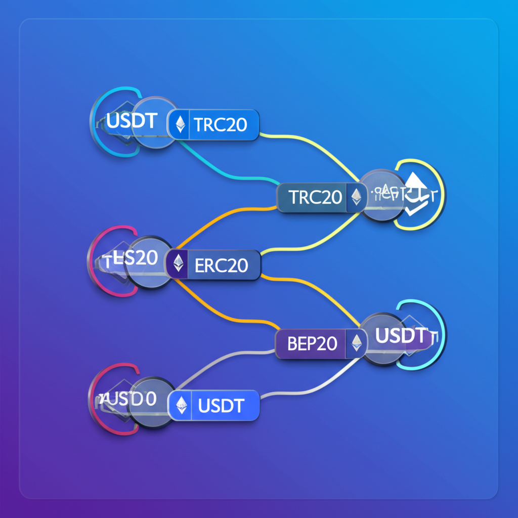USDT在不同區塊鏈網路的分支示意圖，強調TRC20、ERC20和BEP20的選擇重要性