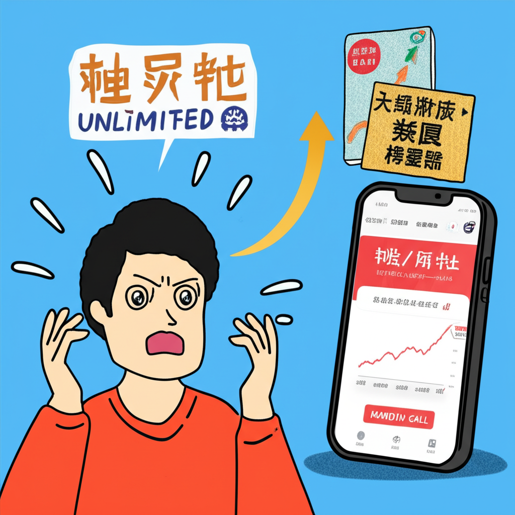 放空風險圖示：投資人面對上漲股價的焦慮，顯示無限虧損與台灣法規警示
