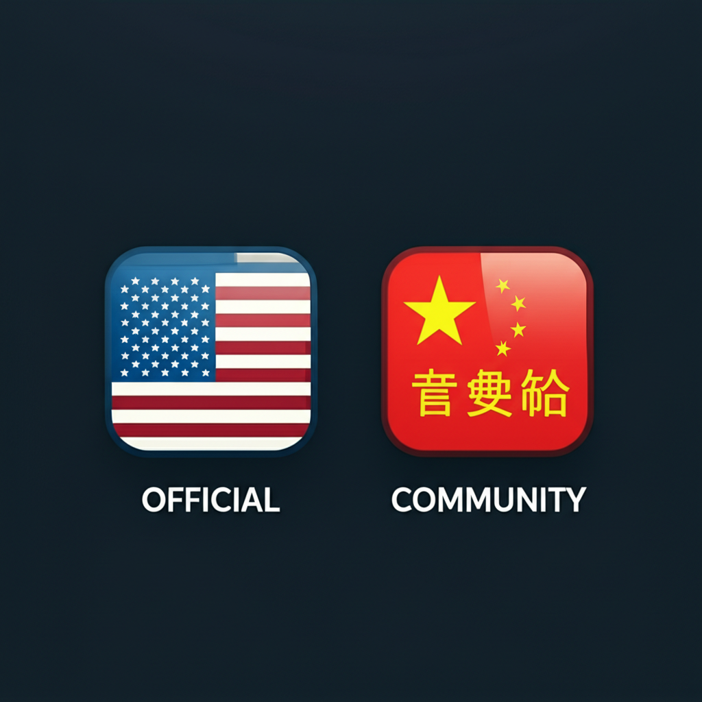 官方與社群語言包比較示意圖,顯示標準化與在地化繁體中文選擇的數位螢幕圖像