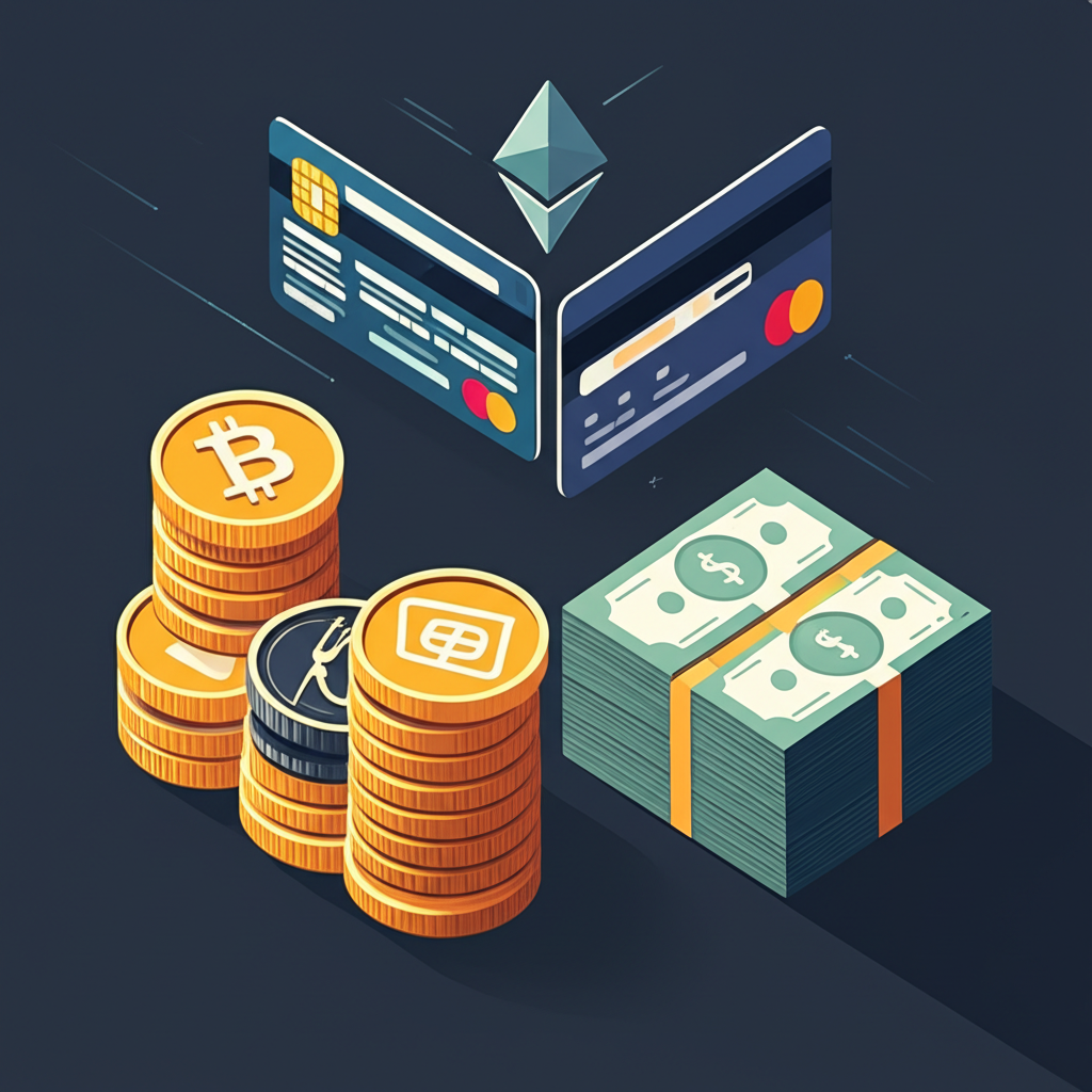 加密貨幣信用卡如橋樑連接比特幣、以太幣、USDT等數位幣與法幣的圖示化描繪,顯示即時兌換與交易流程