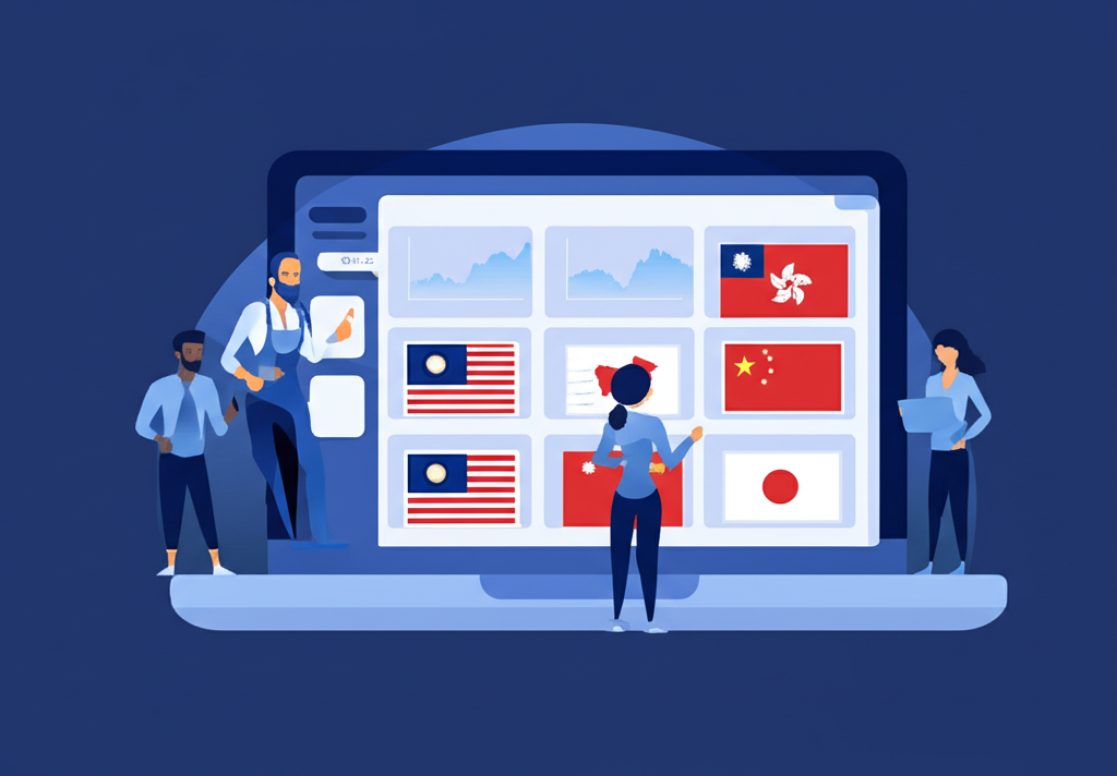 An illustration of diverse investors from Taiwan and Hong Kong using a sleek digital platform to access various global financial markets including US stocks and options all within one account symbolizing efficient low cost international investment
