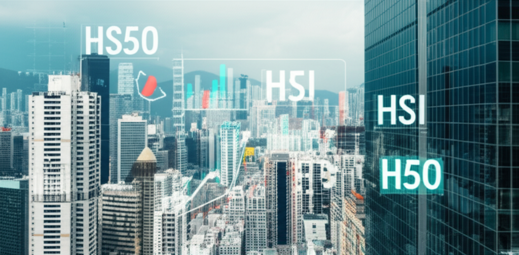 香港金融區與 HS50 和 HSI 符號的數位疊加圖,代表市場健康與投資者洞察
