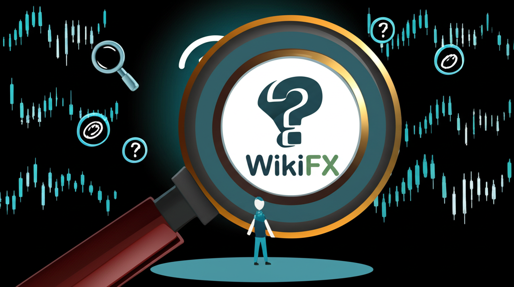 投資人探索複雜外匯市場的詐騙陷阱，放大鏡突出 WikiFX 標誌與問號的插圖風格
