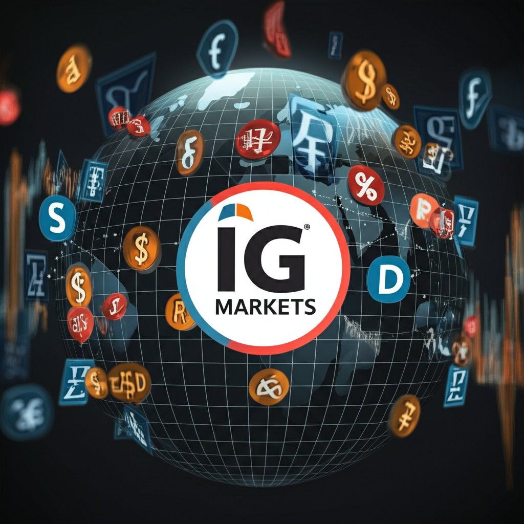 全球金融市場交易圖示，展示貨幣對和 IG Markets 標誌代表其在 CFD 和外匯交易的領導地位