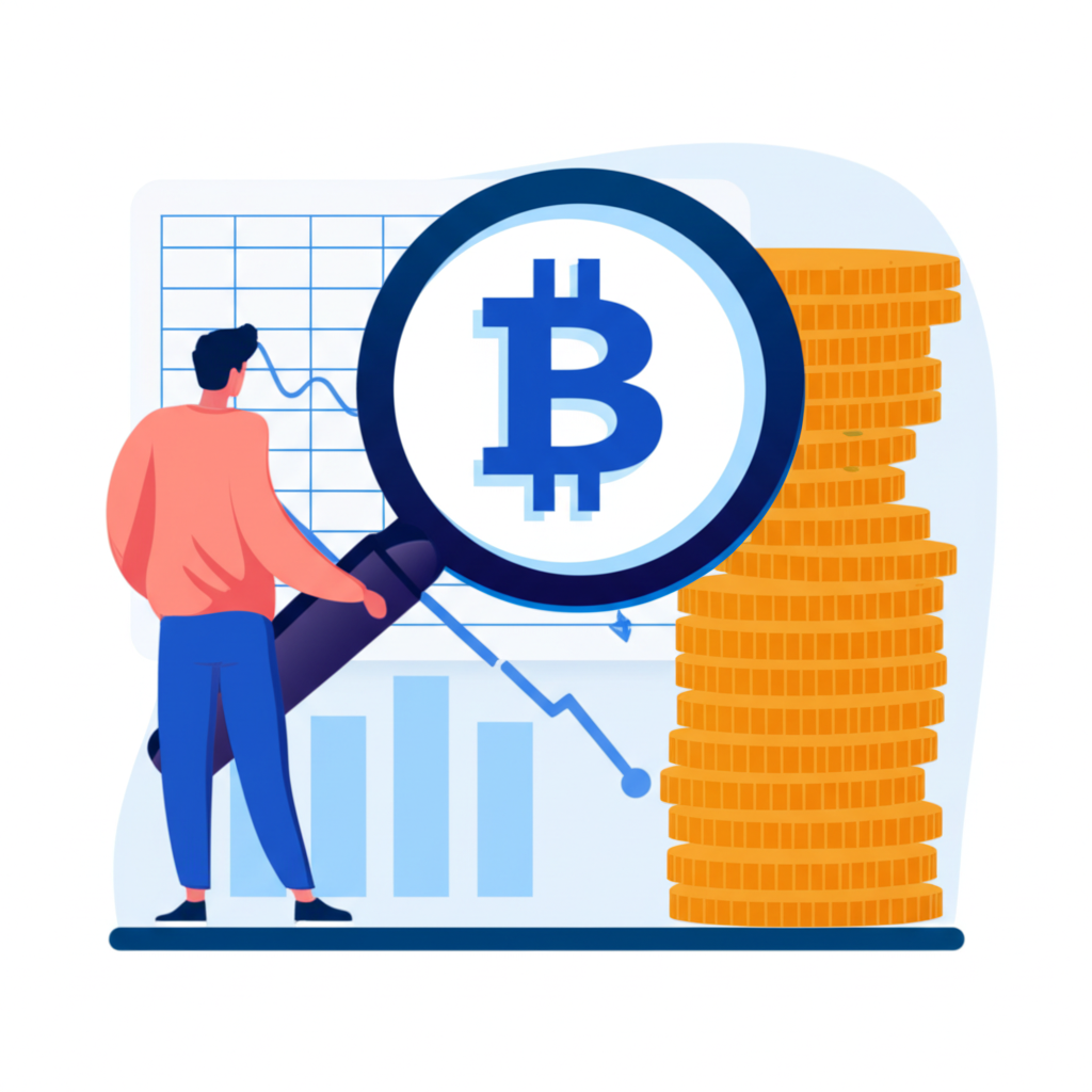 投資者透過放大鏡仔細分析比特幣價格劇烈波動圖表,象徵風險評估與換算台幣前的決策過程