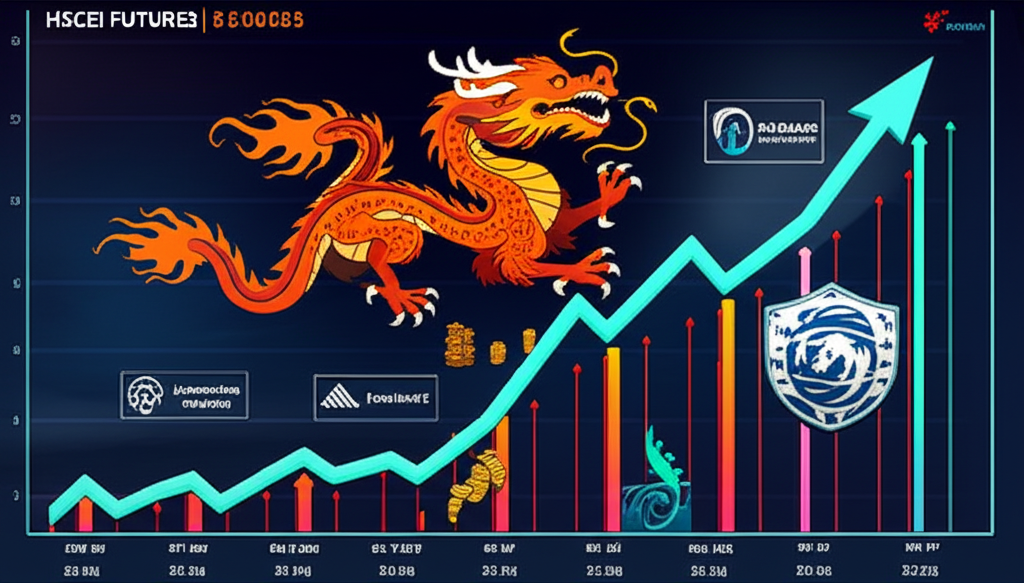 HSCEI 期貨表現圖表與 H 股公司標誌象徵中國經濟成長與波動