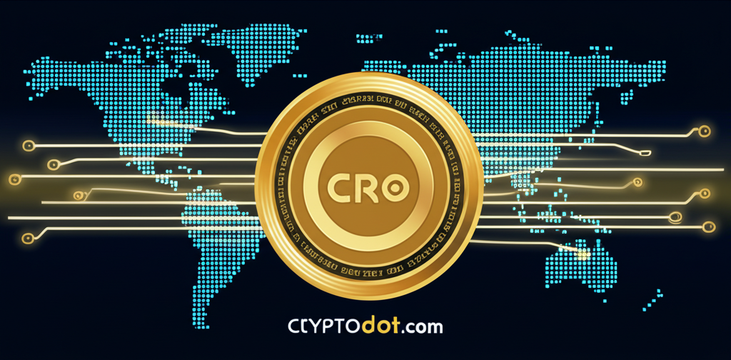 CRO 幣與區塊鏈生態連結的插圖，象徵 Crypto.com 推動全球加密貨幣普及