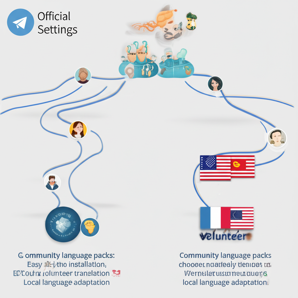 兩條 Telegram 中文設定路徑插圖,一條為官方 app 內設定,另一條為社群語言包,多樣使用者選擇偏好中文變體,強調易安裝與在地語言適應