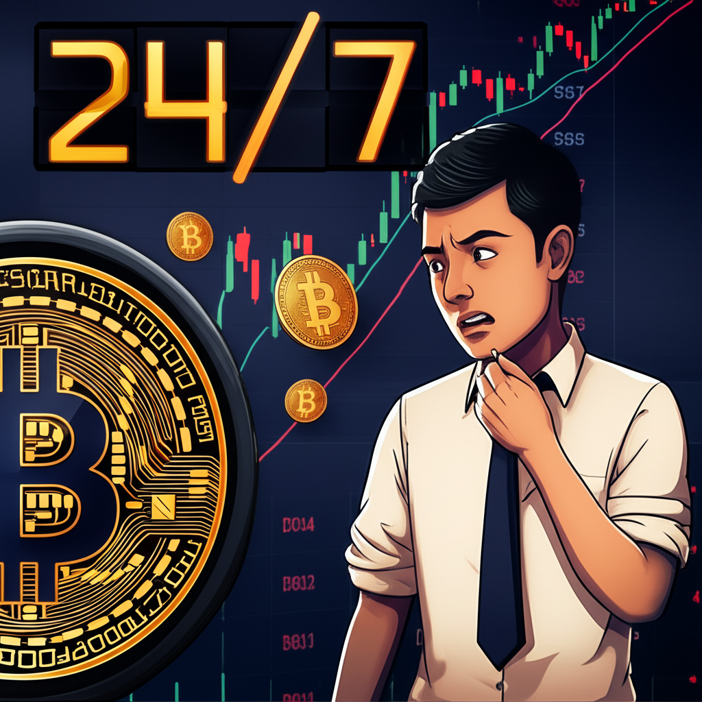 一位困惑的台灣投資人盯著顯示24/7的時鐘,周圍環繞比特幣符號,背景是傳統股市圖表,象徵傳統金融與全天候加密市場的衝突