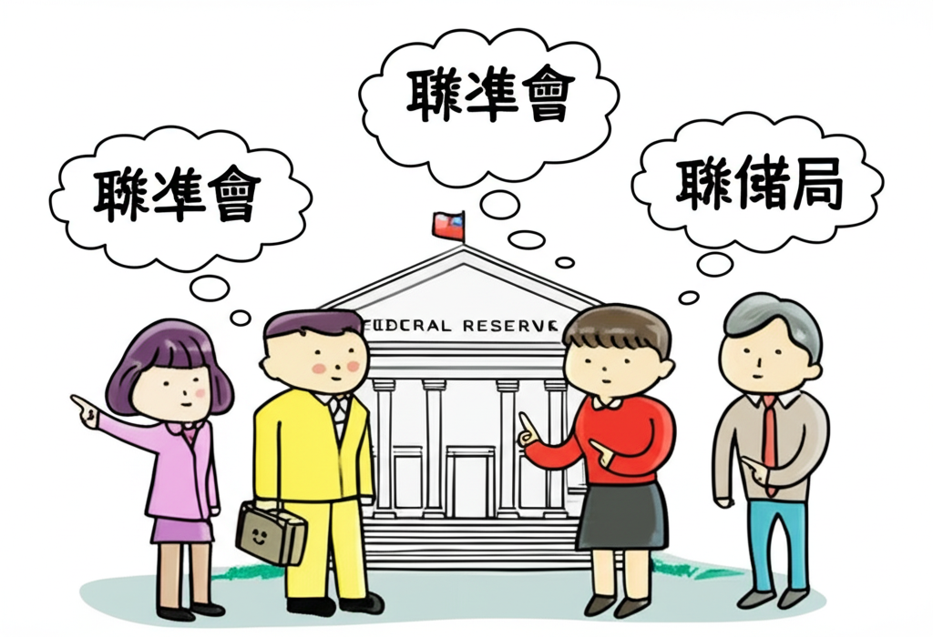 台灣香港及中國大陸人們對Fed不同中文名稱如聯準會、美聯儲、聯儲局的思緒泡泡,全指向中央銀行建築的插圖