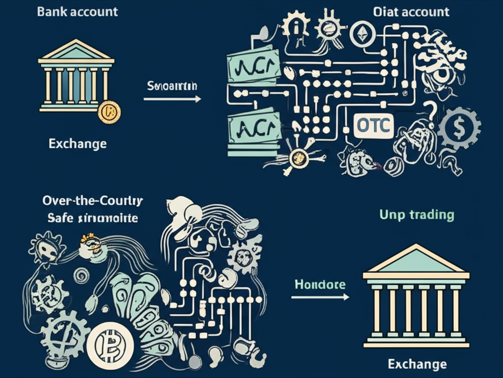 兩條截然不同的加密貨幣出金路徑示意圖：一條清晰安全，通往銀行帳戶；另一條複雜且充滿風險，代表P2P或場外交易