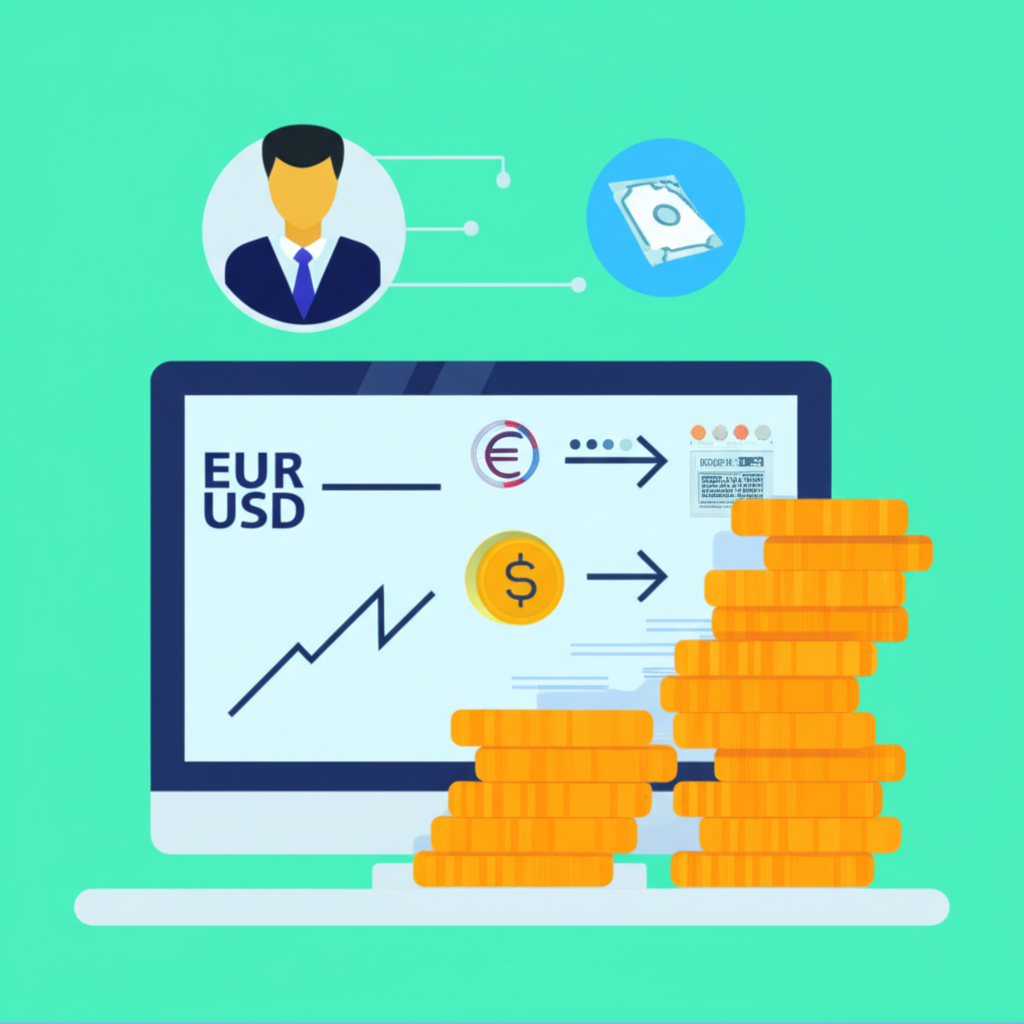 簡化金融交易圖示,顯示EUR/USD等貨幣對在數位螢幕上波動,經紀商圖示旁邊小額資金控制大規模交易,代表保證金的威力