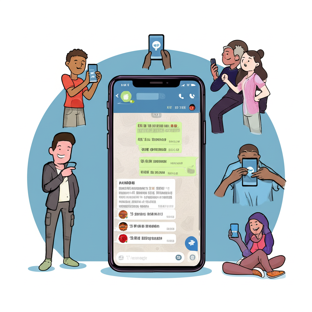 來自台灣、香港和其他華語地區的使用者透過顯示繁體中文的 Telegram 介面在裝置上順暢互動，克服語言障礙後感到輕鬆與喜悅的插圖