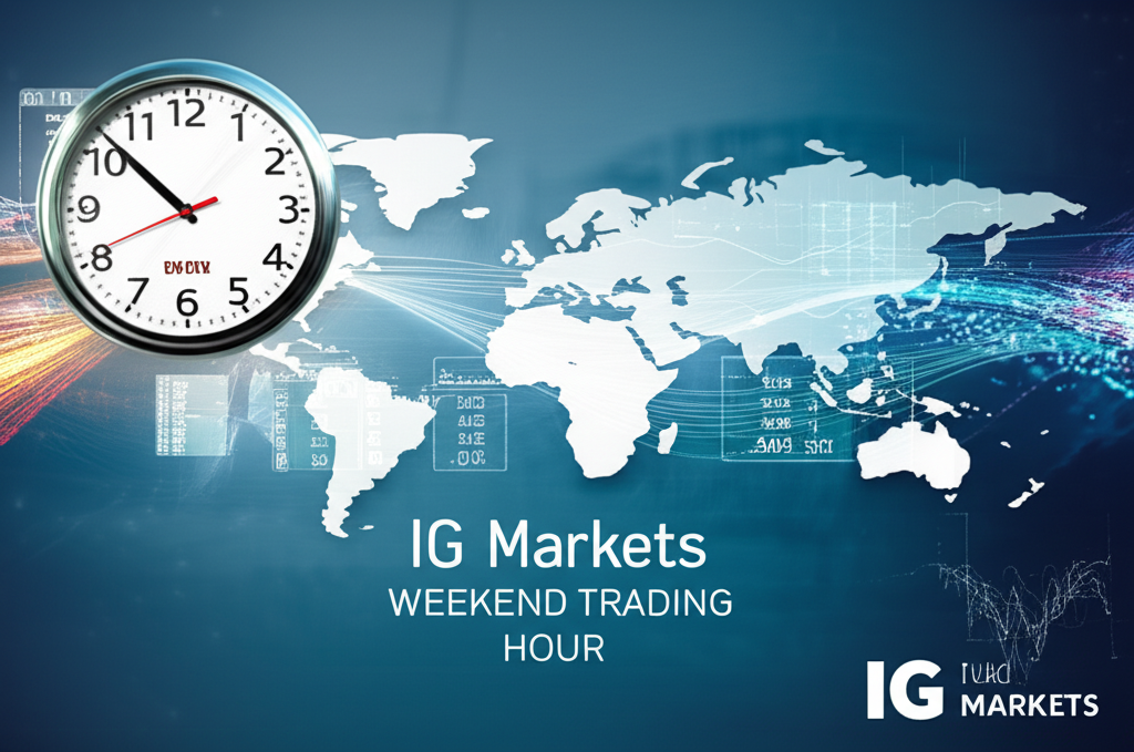 An illustration of a world map with financial data streams flowing through it and a clock showing weekend hours representing IG Markets weekend trading service addressing global events and providing continuous trading environment through CFD mechanism